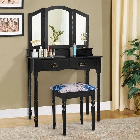 Simple Vanity Set with Tri-Folding Mirror Drawers and Storage Shelf-Black - Colo