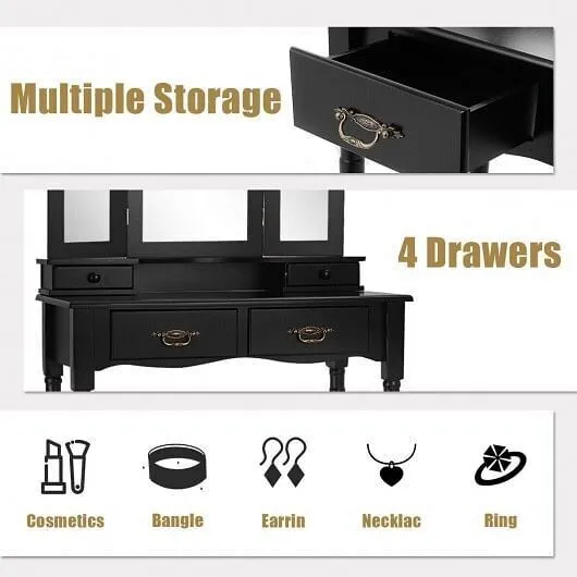 Simple Vanity Set with Tri-Folding Mirror Drawers and Storage Shelf-Black - Colo