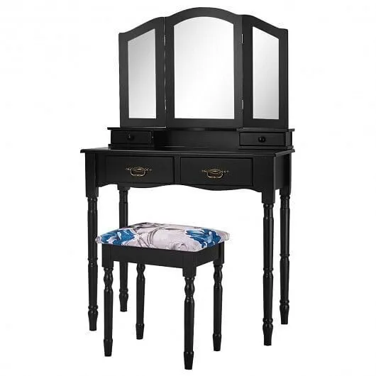 Simple Vanity Set with Tri-Folding Mirror Drawers and Storage Shelf-Black - Colo