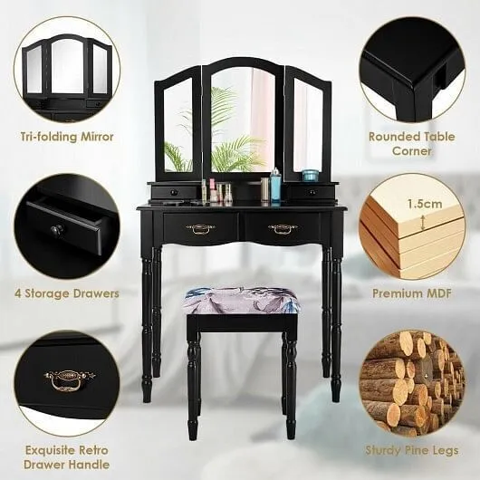 Simple Vanity Set with Tri-Folding Mirror Drawers and Storage Shelf-Black - Colo