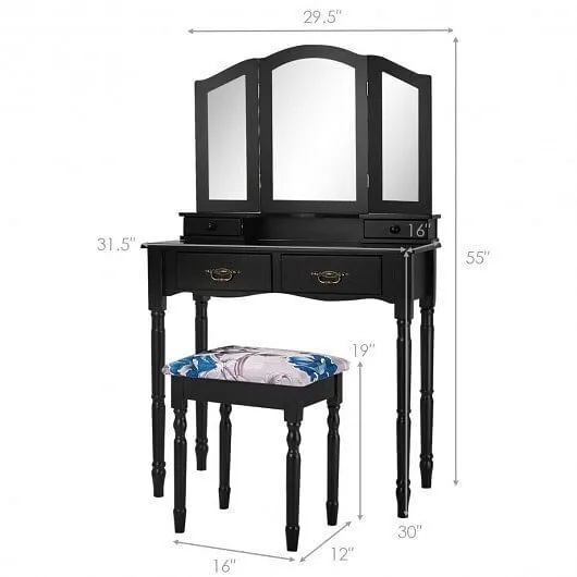 Simple Vanity Set with Tri-Folding Mirror Drawers and Storage Shelf-Black - Colo