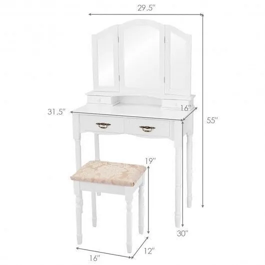 Simple Vanity Set with Tri-Folding Mirror Drawers and Storage Shelf-White - Colo