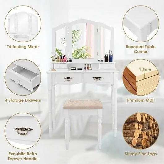 Simple Vanity Set with Tri-Folding Mirror Drawers and Storage Shelf-White - Colo