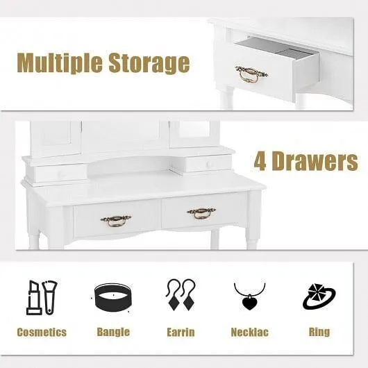 Simple Vanity Set with Tri-Folding Mirror Drawers and Storage Shelf-White - Colo