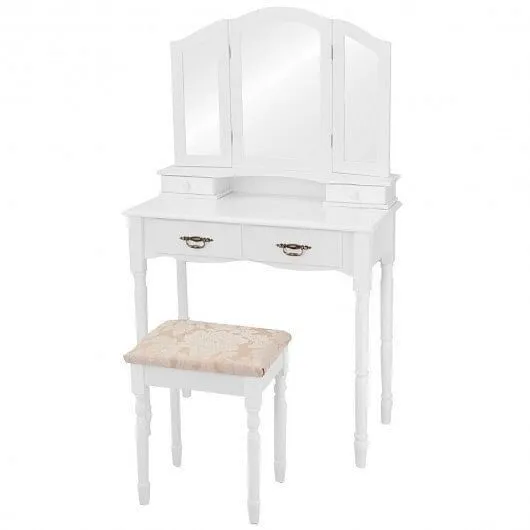 Simple Vanity Set with Tri-Folding Mirror Drawers and Storage Shelf-White - Colo