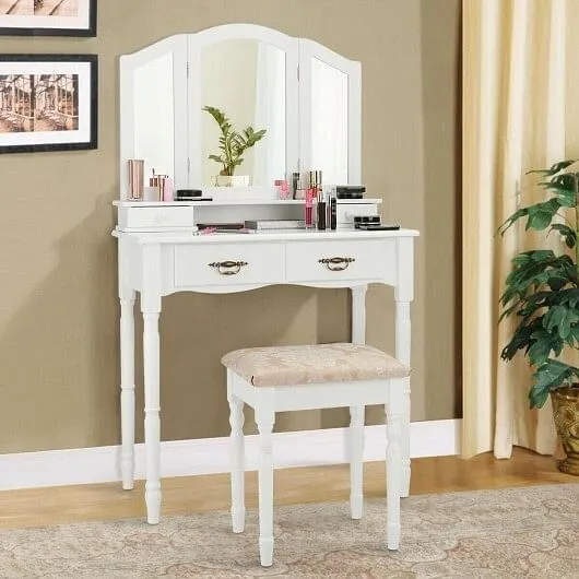 Simple Vanity Set with Tri-Folding Mirror Drawers and Storage Shelf-White - Colo