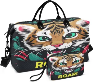 Sinestour Cute Tiger Roar Travel Duffel Bag for Men Women with Makeup Bag Weekend Overnight Carry On Bags for Yoga Travel Gym