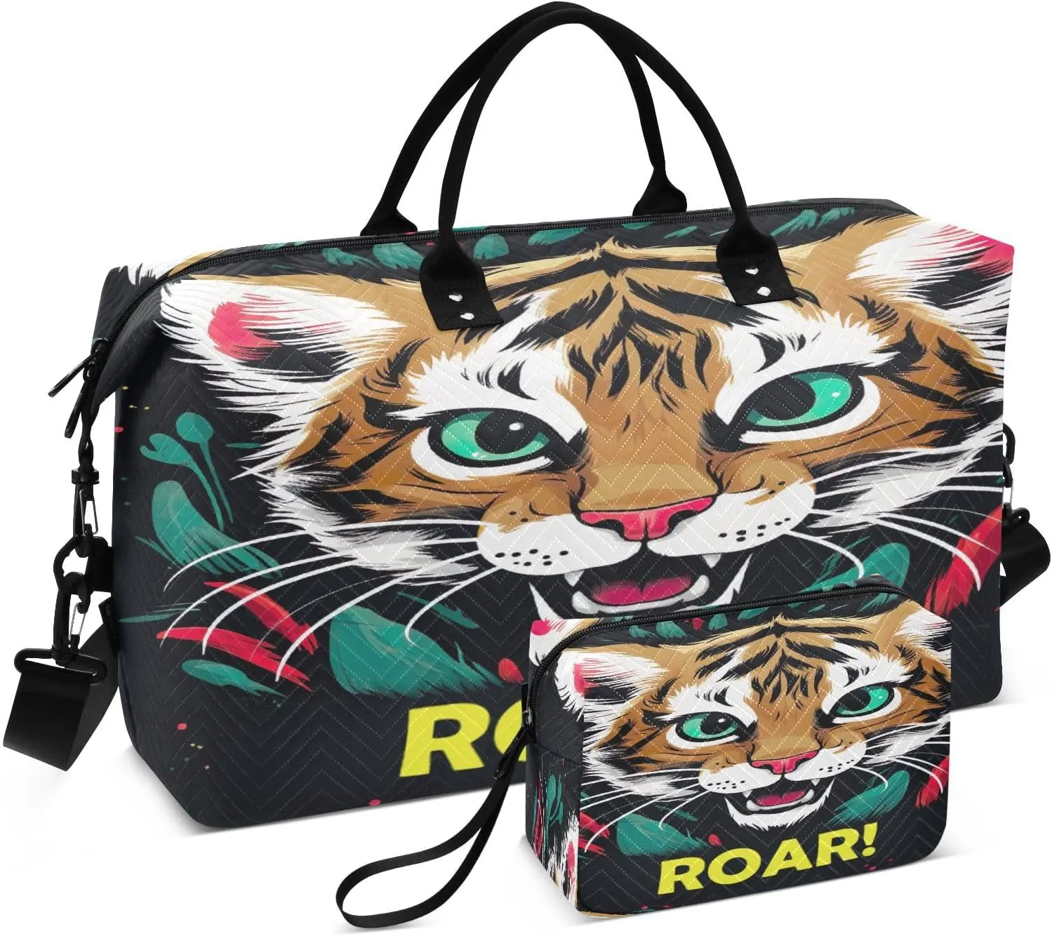 Sinestour Cute Tiger Roar Travel Duffel Bag for Men Women with Makeup Bag Weekend Overnight Carry On Bags for Yoga Travel Gym