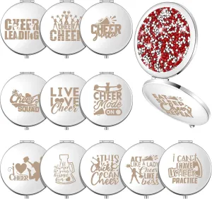 Sintuff 12 Pcs Cheer Gifts for Cheerleaders Compact Mirror Bulk for Cheer Team Coach Cheerleading Gifts Folding Pocket Cosmetic Purse Mirror Accessories(Red, Silver)