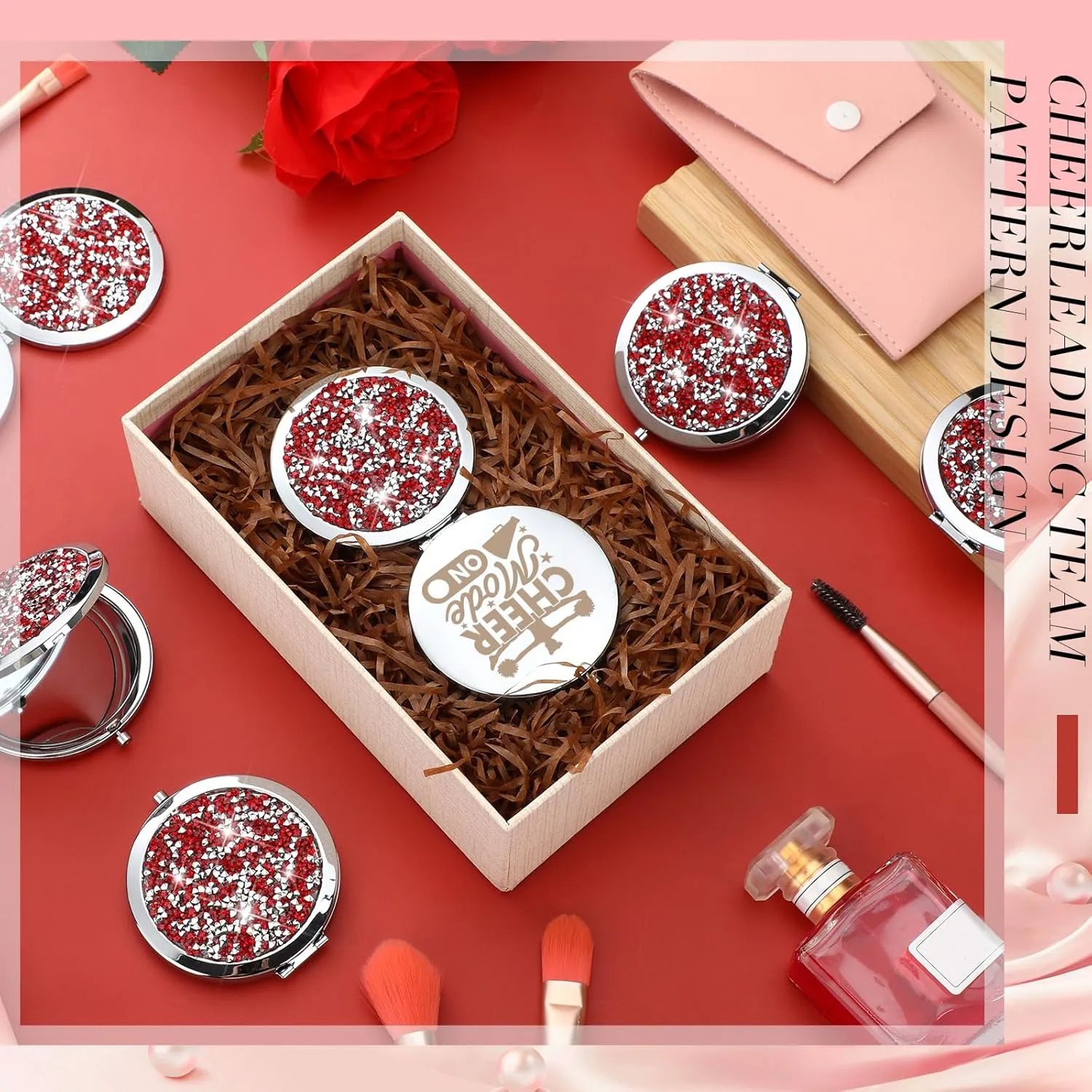 Sintuff 12 Pcs Cheer Gifts for Cheerleaders Compact Mirror Bulk for Cheer Team Coach Cheerleading Gifts Folding Pocket Cosmetic Purse Mirror Accessories(Red, Silver)