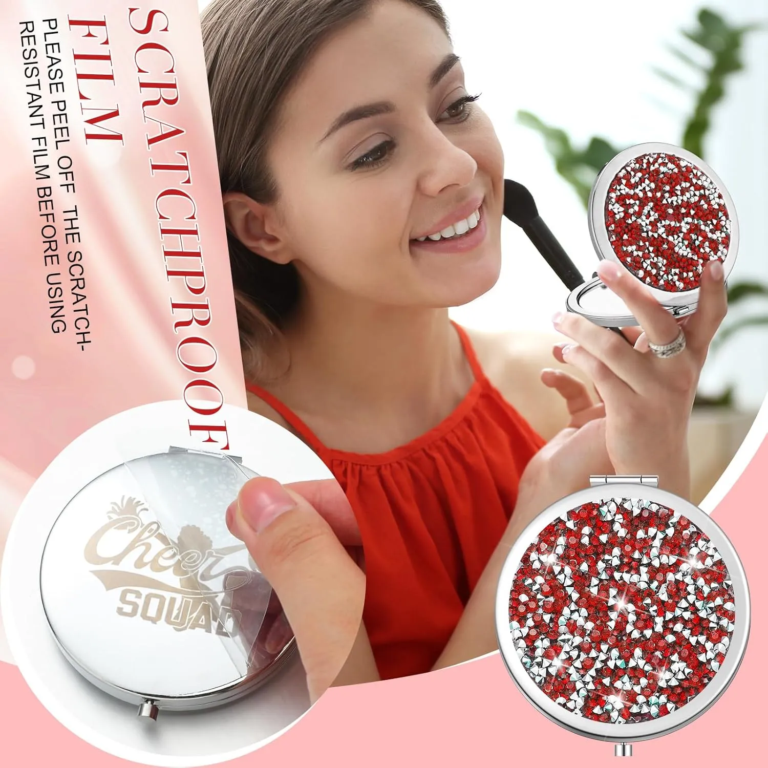 Sintuff 12 Pcs Cheer Gifts for Cheerleaders Compact Mirror Bulk for Cheer Team Coach Cheerleading Gifts Folding Pocket Cosmetic Purse Mirror Accessories(Red, Silver)