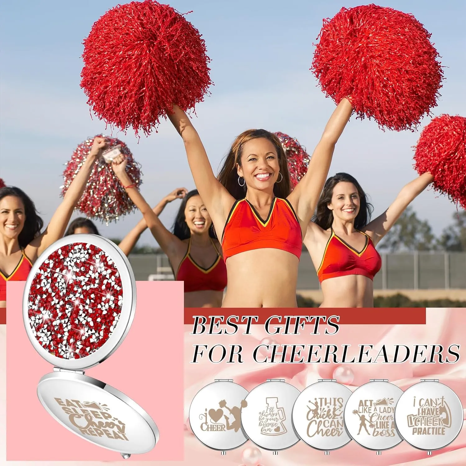 Sintuff 12 Pcs Cheer Gifts for Cheerleaders Compact Mirror Bulk for Cheer Team Coach Cheerleading Gifts Folding Pocket Cosmetic Purse Mirror Accessories(Red, Silver)
