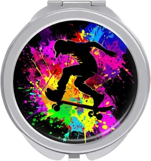 Skateboard Colorful Rainbow Tie-Dye Mini Makeup Mirror Travel Pocket Mirror Portable Compact Cosmetic Mirror for Women
