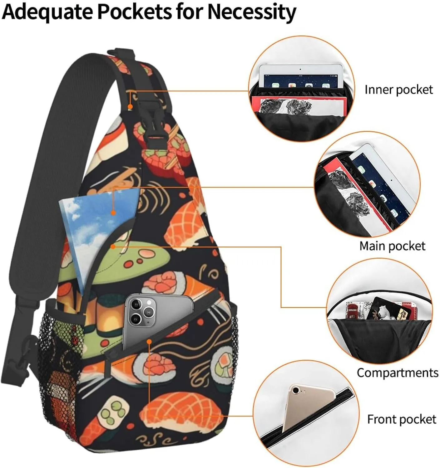 Sling Bag for Women Men Japanese sushi shrimp Cross Chest Bag Diagonally Casual Fashion Travel Hiking Daypack