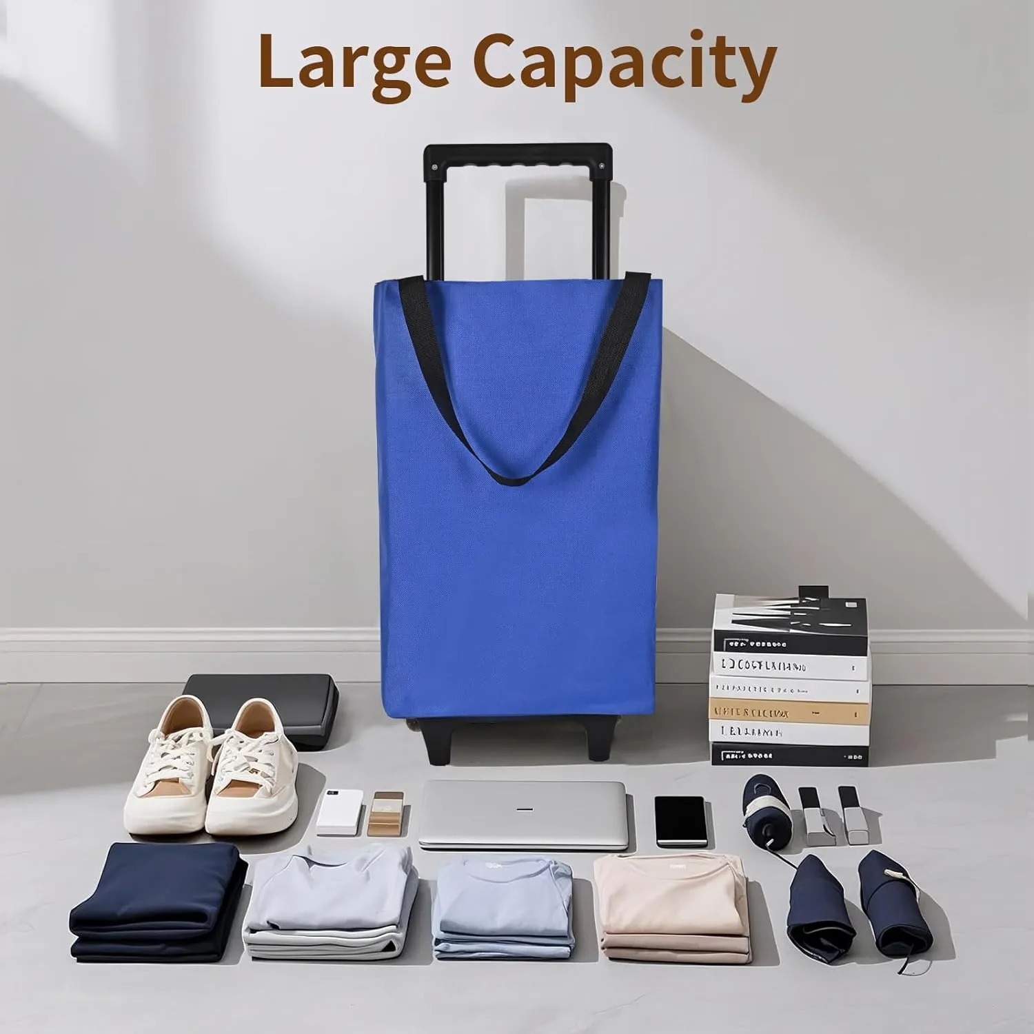 Small Collapsible Shopping Cart,Shopping Cart with Wheels,Folding Portable Waterproof Rolling,Trolley Tote Stair Climbing for Traveling Bag Expandable,Gift for Women (Blue)
