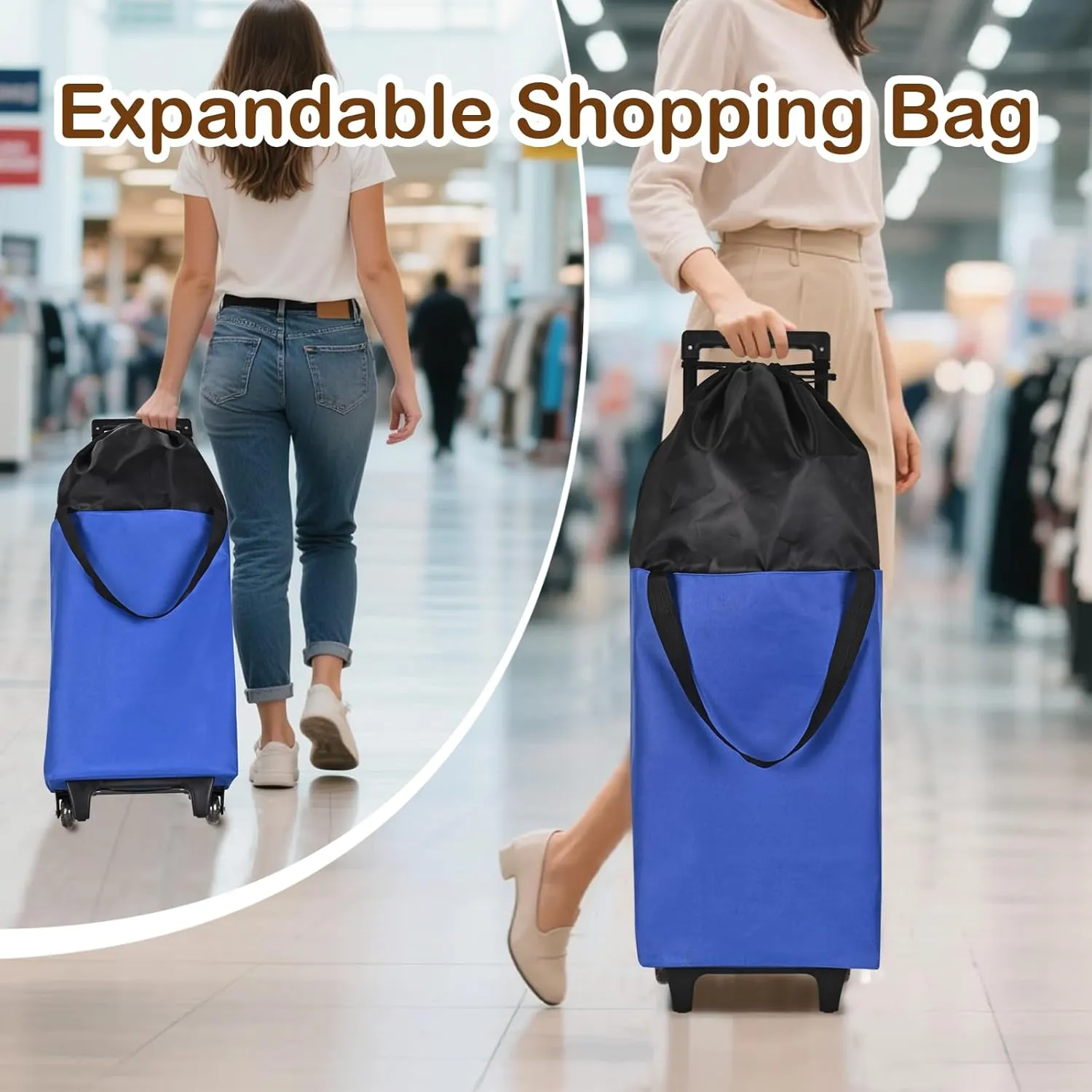 Small Collapsible Shopping Cart,Shopping Cart with Wheels,Folding Portable Waterproof Rolling,Trolley Tote Stair Climbing for Traveling Bag Expandable,Gift for Women (Blue)