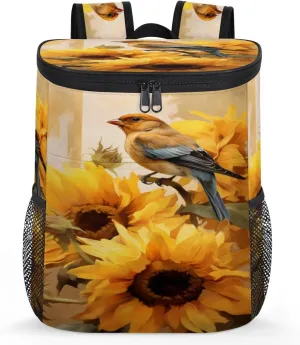 Small Cooler Backpack Insulated Waterproof Backpack Cooler for Women Leak Proof Soft Sunflowers with Sparrow Beach Cooler Bag Lightweight Ice Chest Picnic Backpack for Travel Camping