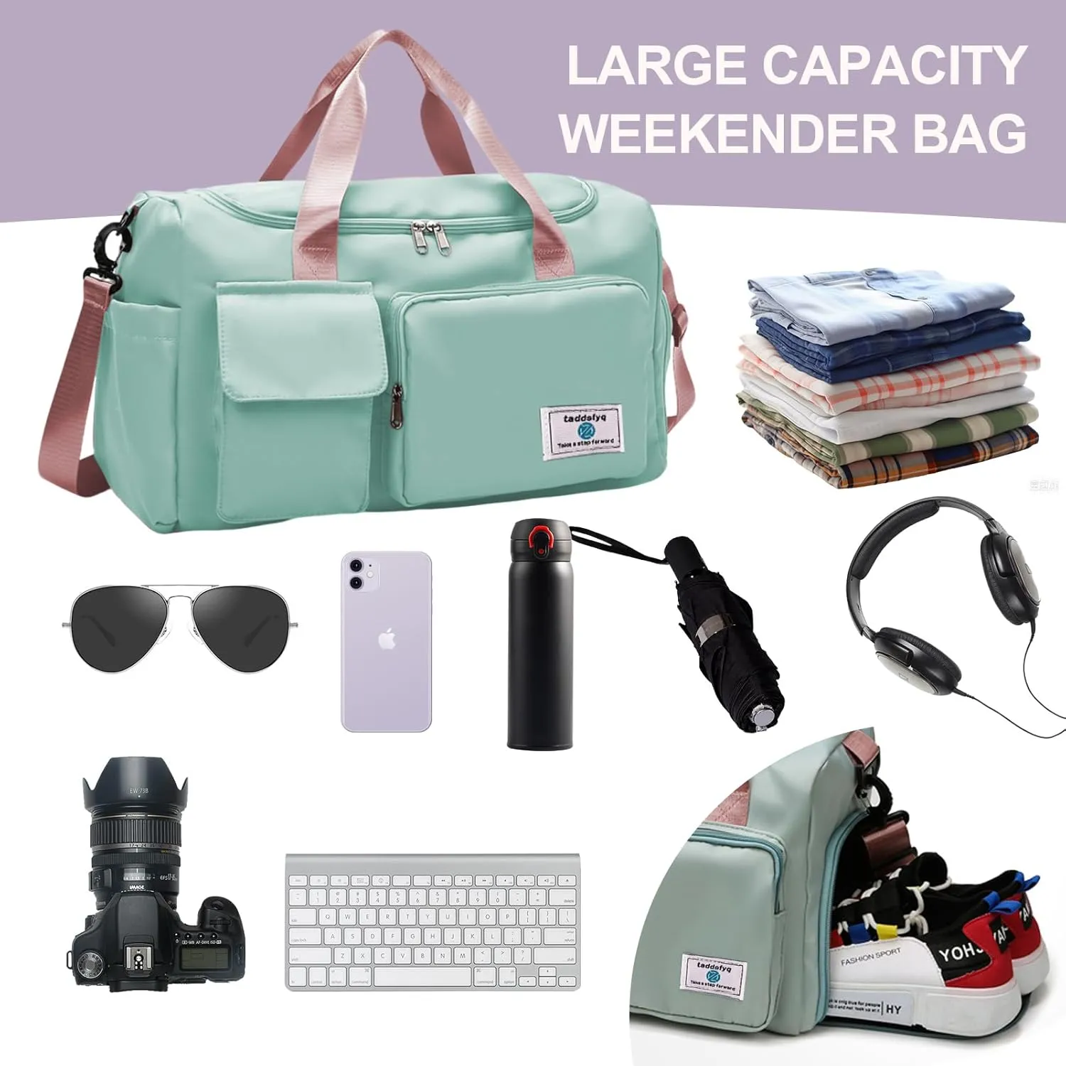 Small Gym Bag Women Duffle Bag With Shoe Compartment Foldable Travel Bag Grape Purple 18.9 x 10 x 11 inches 35L