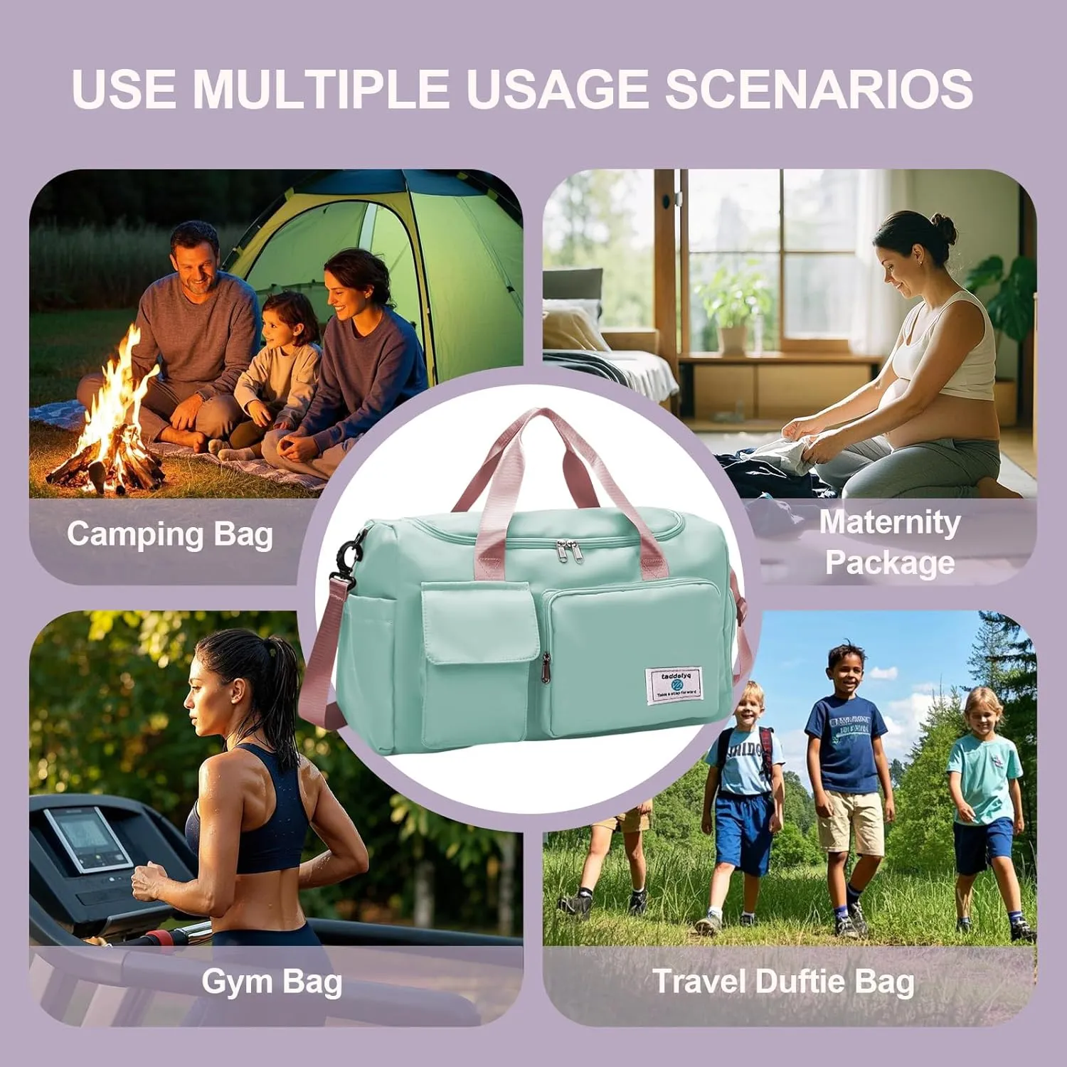 Small Gym Bag Women Duffle Bag With Shoe Compartment Foldable Travel Bag Grape Purple 18.9 x 10 x 11 inches 35L