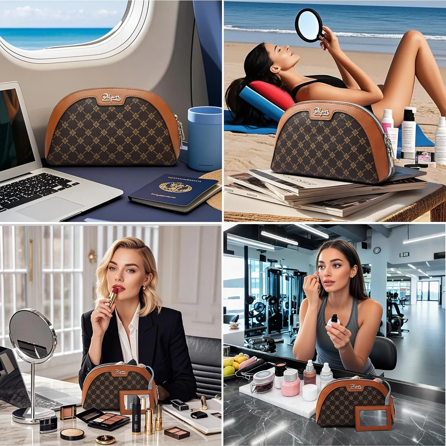 Small Makeup Bag for Purse Cosmetic Bag: Checkered Make up Bag for Women - Cute Preppy Skincare Bags for Evening - Waterproof Travel Pouch for Toiletry Organizer with Mirror & Zipper(010-coffee)