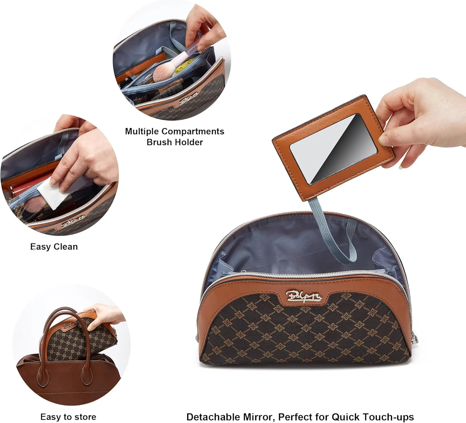 Small Makeup Bag for Purse Cosmetic Bag: Checkered Make up Bag for Women - Cute Preppy Skincare Bags for Evening - Waterproof Travel Pouch for Toiletry Organizer with Mirror & Zipper(010-coffee)