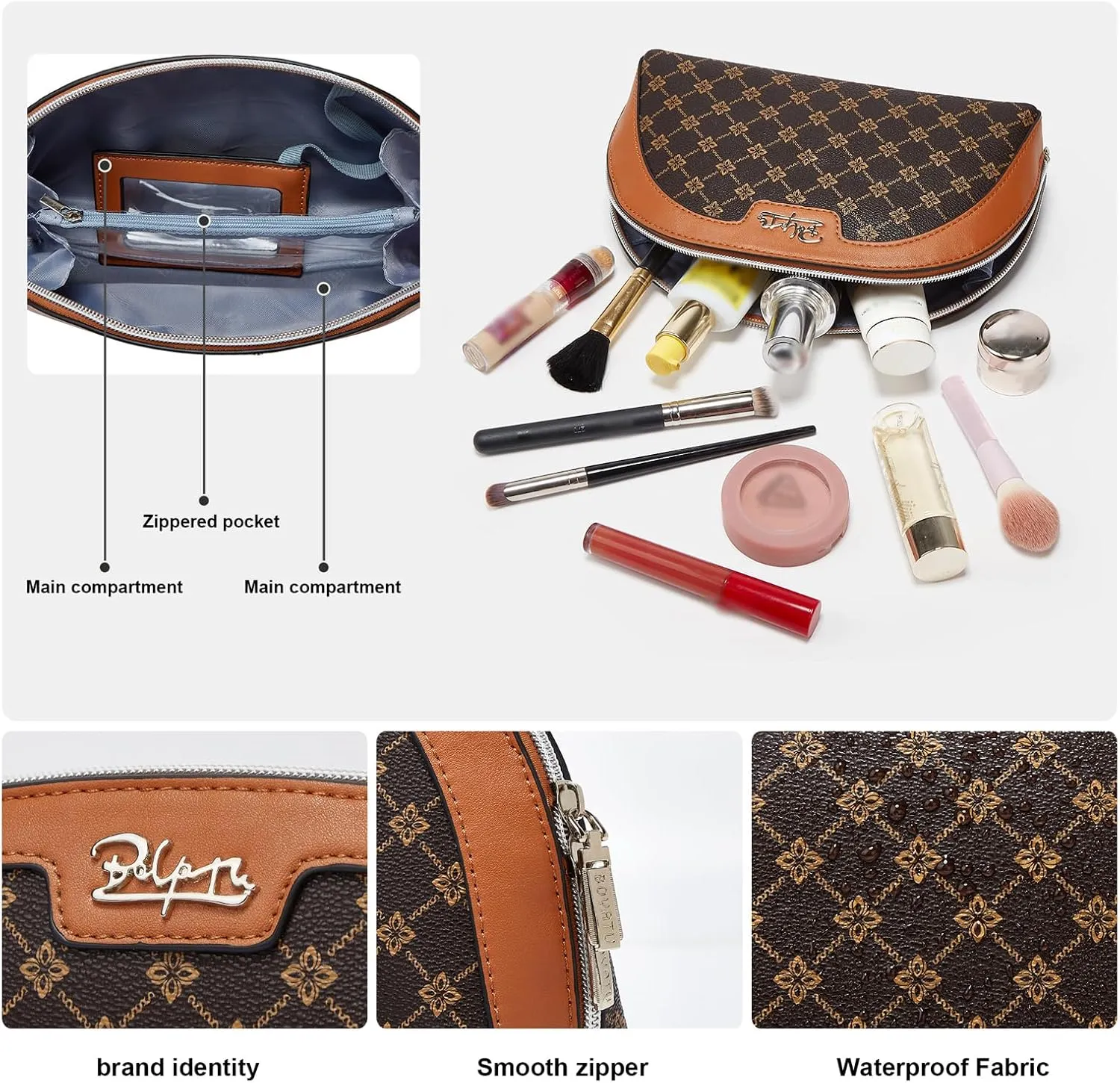 Small Makeup Bag for Purse Cosmetic Bag: Checkered Make up Bag for Women - Cute Preppy Skincare Bags for Evening - Waterproof Travel Pouch for Toiletry Organizer with Mirror & Zipper(010-coffee)