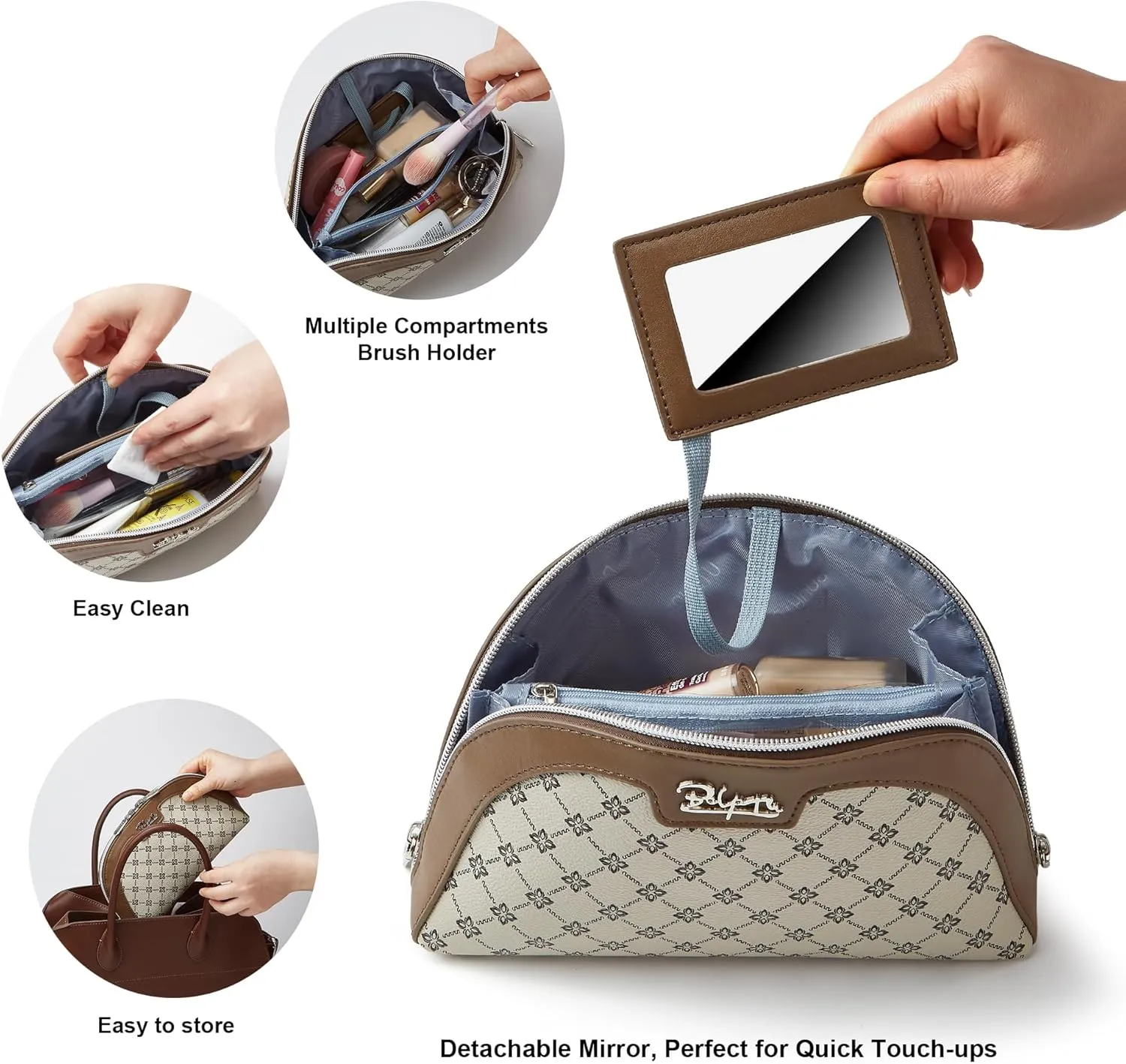 Small Makeup Bag for Purse Cosmetic Bag: Checkered Make up Bag for Women - Cute Preppy Skincare Bags for Evening - Waterproof Travel Pouch for Toiletry Organizer with Mirror & Zipper(011-Light Brown)
