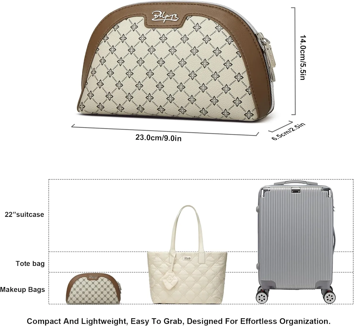 Small Makeup Bag for Purse Cosmetic Bag: Checkered Make up Bag for Women - Cute Preppy Skincare Bags for Evening - Waterproof Travel Pouch for Toiletry Organizer with Mirror & Zipper(011-Light Brown)