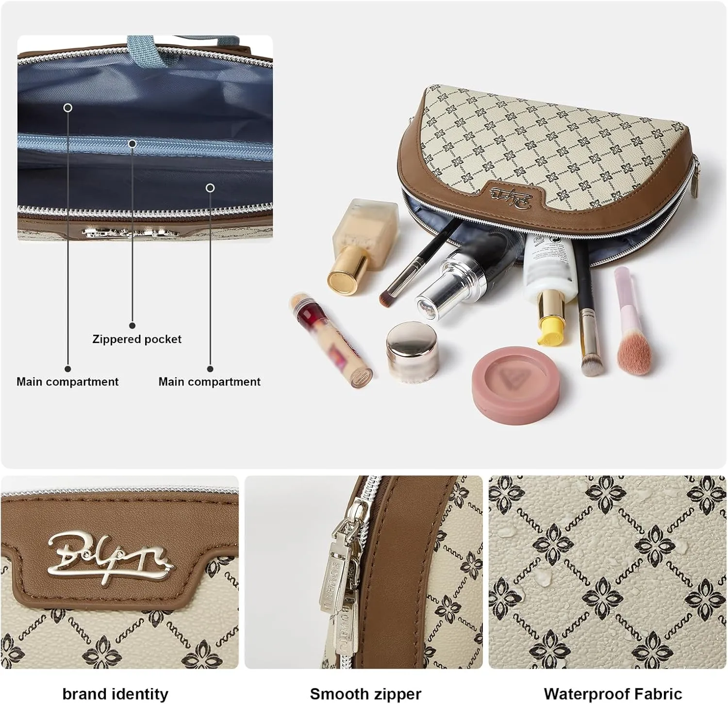 Small Makeup Bag for Purse Cosmetic Bag: Checkered Make up Bag for Women - Cute Preppy Skincare Bags for Evening - Waterproof Travel Pouch for Toiletry Organizer with Mirror & Zipper(011-Light Brown)
