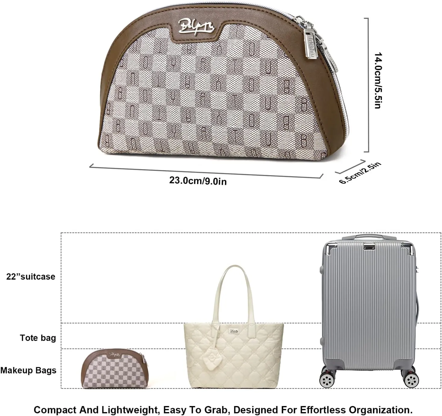 Small Makeup Bag for Purse Cosmetic Bag: Checkered Make up Bag for Women - Cute Preppy Skincare Bags for Evening - Waterproof Travel Pouch for Toiletry Organizer with Mirror & Zipper(023-Light Brown)