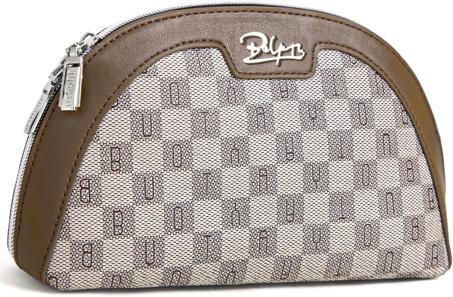 Small Makeup Bag for Purse Cosmetic Bag: Checkered Make up Bag for Women - Cute Preppy Skincare Bags for Evening - Waterproof Travel Pouch for Toiletry Organizer with Mirror & Zipper(023-Light Brown)