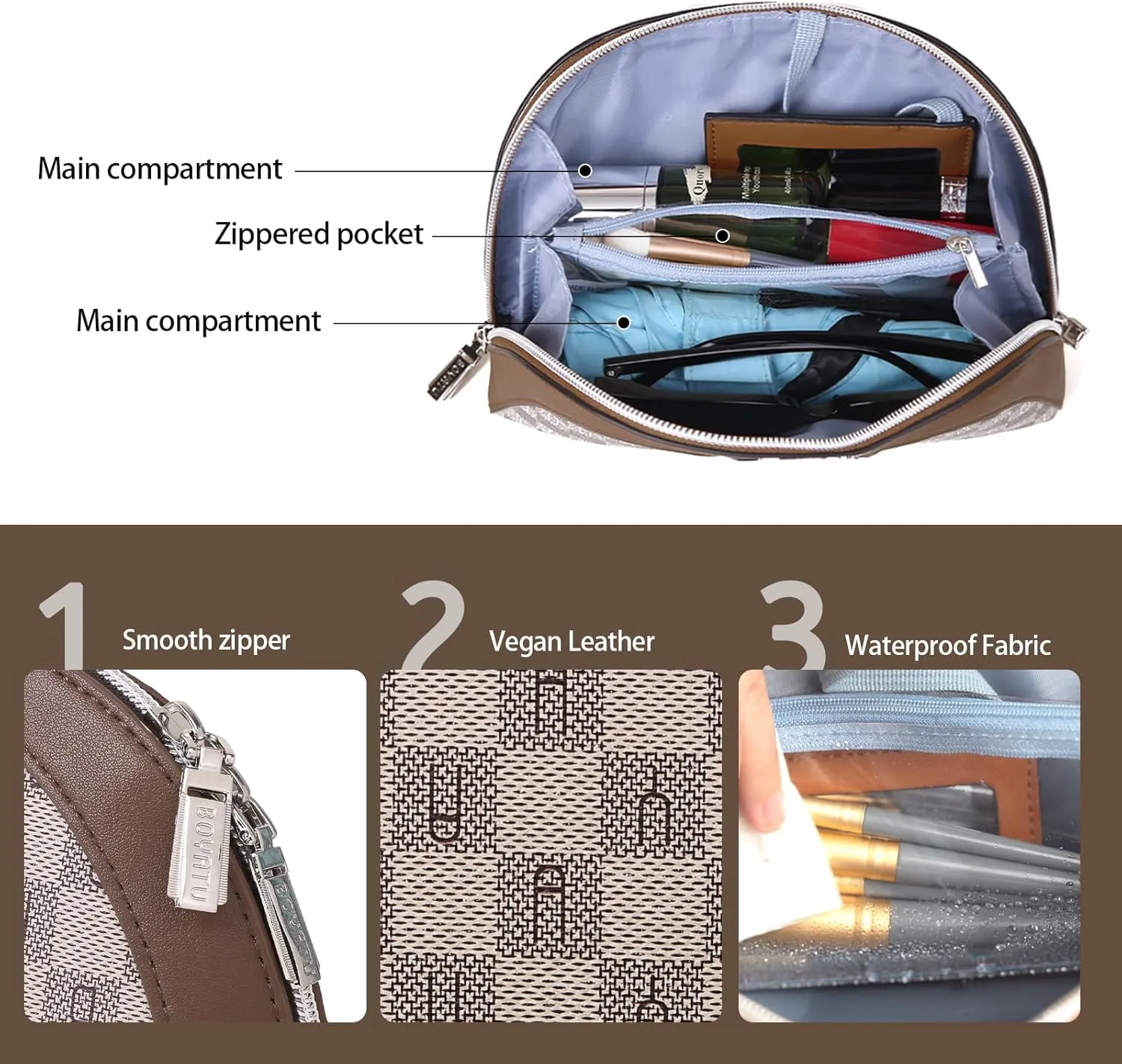 Small Makeup Bag for Purse Cosmetic Bag: Checkered Make up Bag for Women - Cute Preppy Skincare Bags for Evening - Waterproof Travel Pouch for Toiletry Organizer with Mirror & Zipper(023-Light Brown)