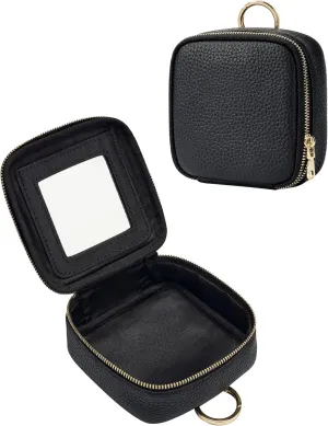 Small Makeup Bag with Mirror, Genuine Leather Mini Cosmetic Bag for Purse Makeup Pouch with Zipper Mini Toiletry Bag Cute Cosmetic Pouch for School, Travel, Car (Black)