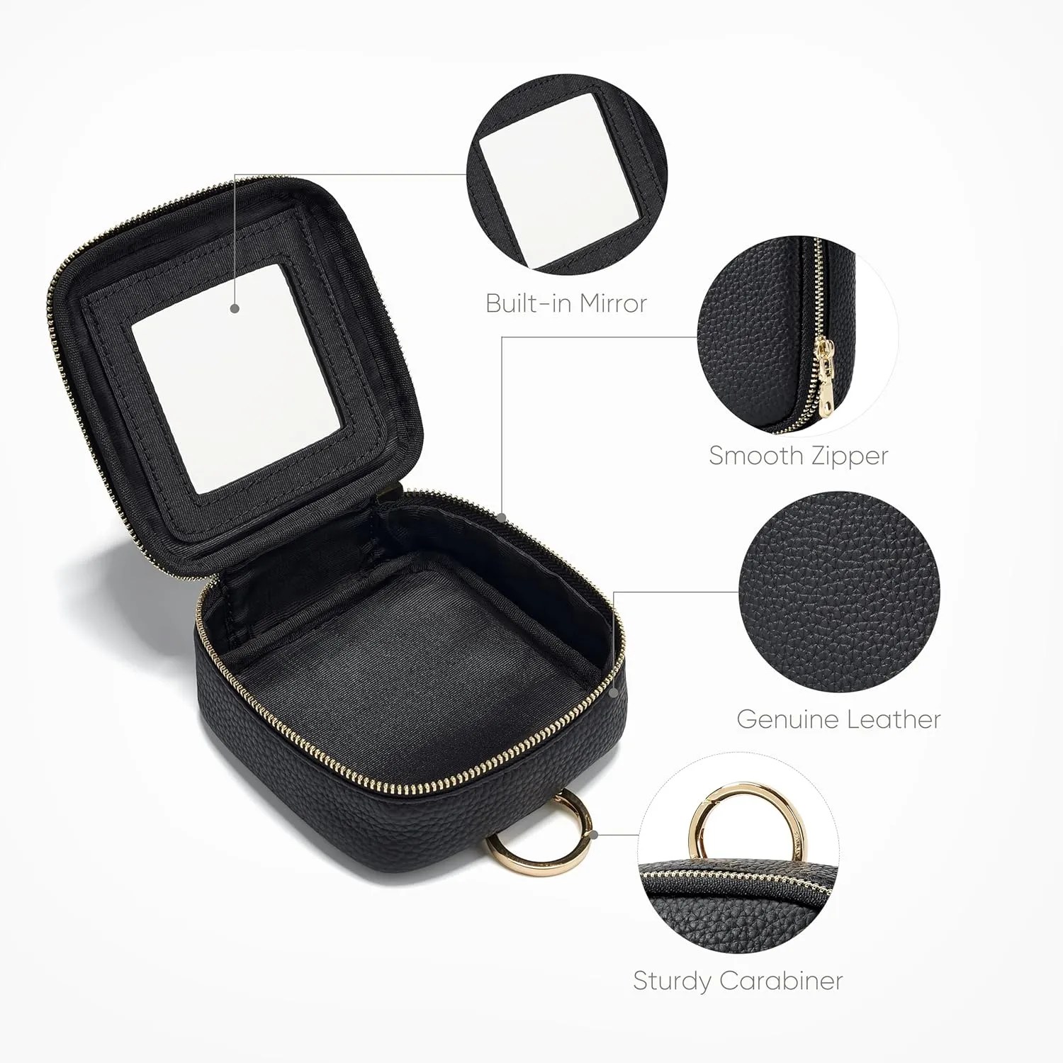 Small Makeup Bag with Mirror, Genuine Leather Mini Cosmetic Bag for Purse Makeup Pouch with Zipper Mini Toiletry Bag Cute Cosmetic Pouch for School, Travel, Car (Black)