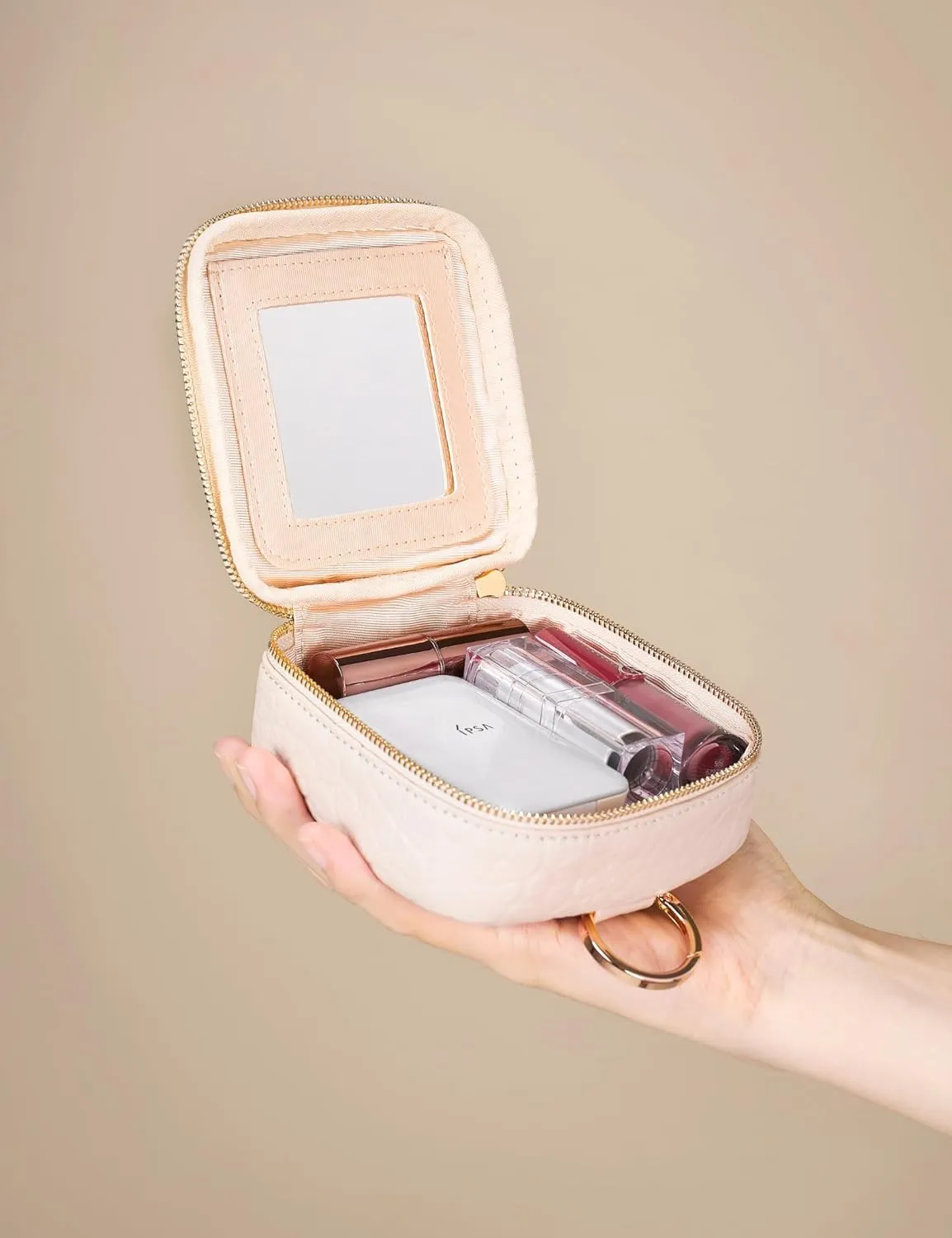 Small Makeup Bag with Mirror, Genuine Leather Mini Cosmetic Bag for Purse Makeup Pouch with Zipper Mini Toiletry Bag Cute Cosmetic Pouch for School, Travel, Car (Black)