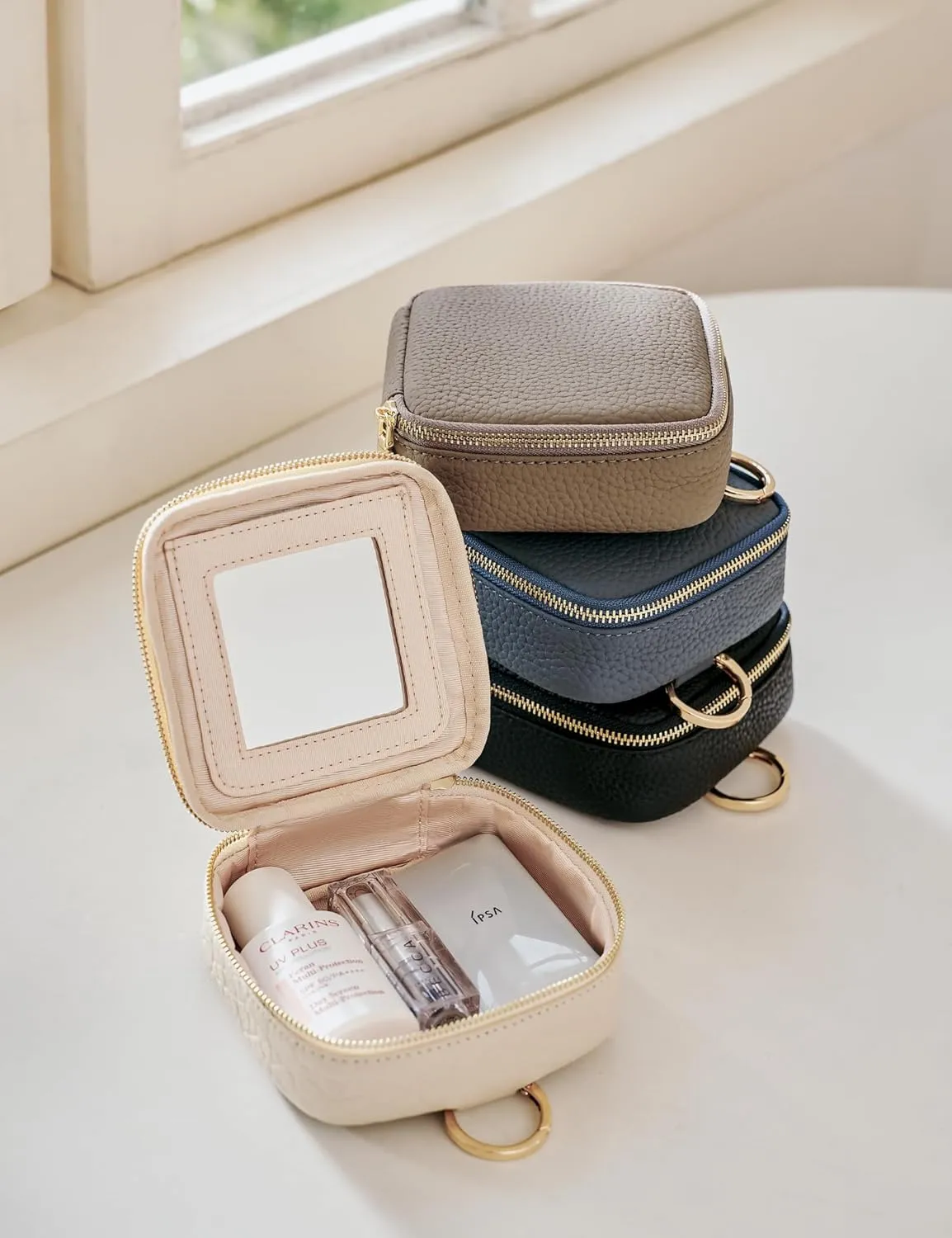 Small Makeup Bag with Mirror, Genuine Leather Mini Cosmetic Bag for Purse Makeup Pouch with Zipper Mini Toiletry Bag Cute Cosmetic Pouch for School, Travel, Car (Black)