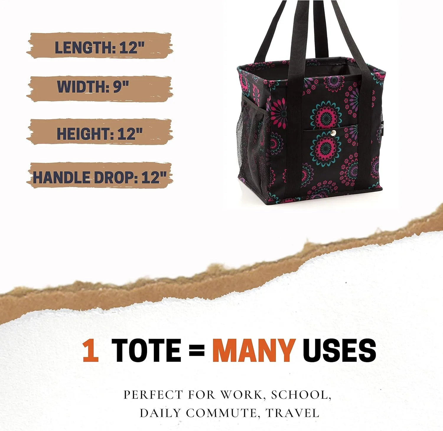 Small Utility Tote - Women's Reusable Shopping Bag with 4 Exterior Pockets - Perfect for Lunch, Groceries, Work, Teacher, Nurse (Purple Circle)