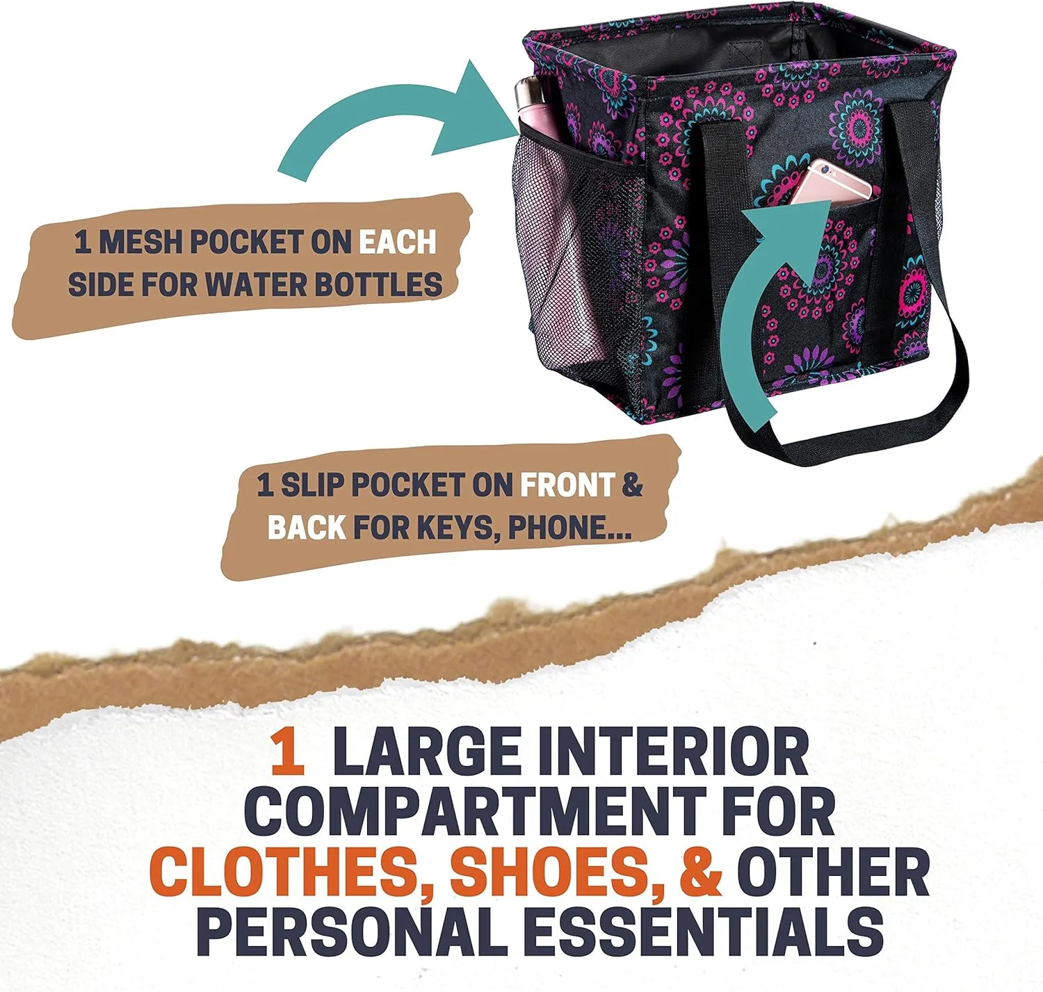 Small Utility Tote - Women's Reusable Shopping Bag with 4 Exterior Pockets - Perfect for Lunch, Groceries, Work, Teacher, Nurse (Purple Circle)