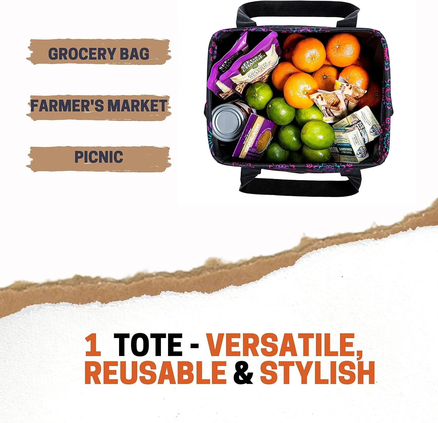 Small Utility Tote - Women's Reusable Shopping Bag with 4 Exterior Pockets - Perfect for Lunch, Groceries, Work, Teacher, Nurse (Purple Circle)