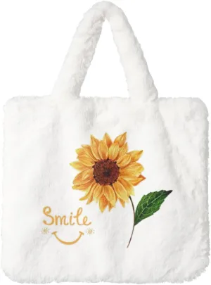 Smile Face Sunflower Print Cute Autumn Winter Plush Handbag Large Capacity Festival Party Present Bag