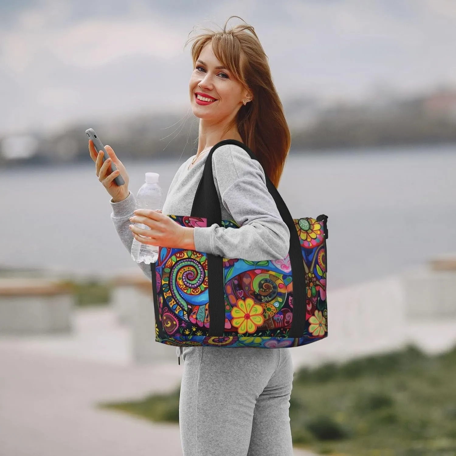 Snail colorful flowers print Travel Duffel Bag, Sports Tote Gym Bag, Swim Pool Bag Large Shoulder Tote Bag for Beach Weekender