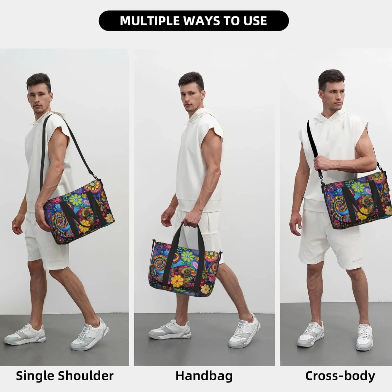 Snail colorful flowers print Travel Duffel Bag, Sports Tote Gym Bag, Swim Pool Bag Large Shoulder Tote Bag for Beach Weekender