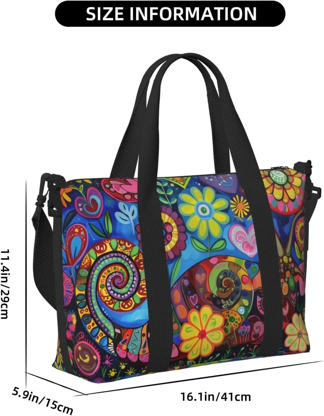 Snail colorful flowers print Travel Duffel Bag, Sports Tote Gym Bag, Swim Pool Bag Large Shoulder Tote Bag for Beach Weekender