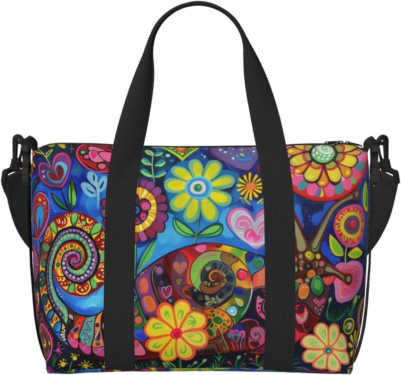Snail colorful flowers print Travel Duffel Bag, Sports Tote Gym Bag, Swim Pool Bag Large Shoulder Tote Bag for Beach Weekender