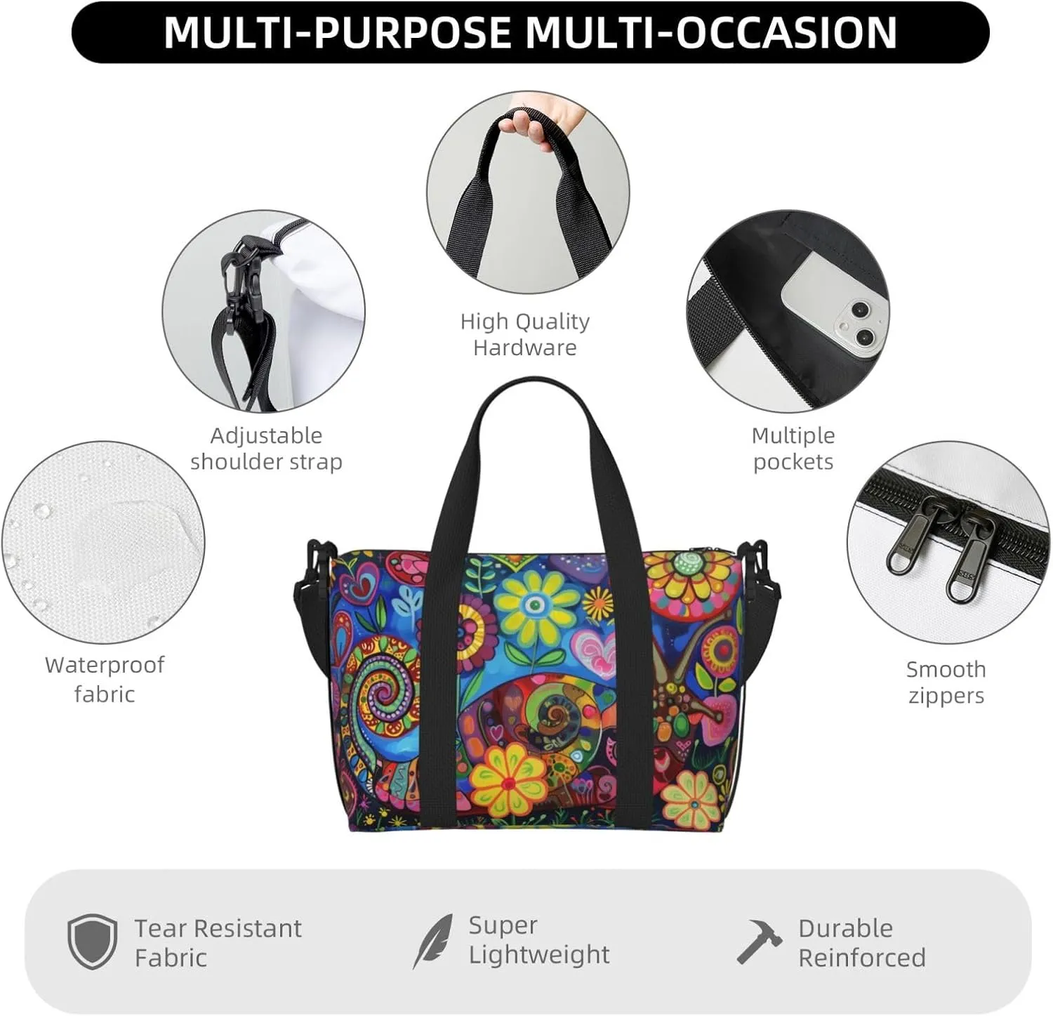 Snail colorful flowers print Travel Duffel Bag, Sports Tote Gym Bag, Swim Pool Bag Large Shoulder Tote Bag for Beach Weekender