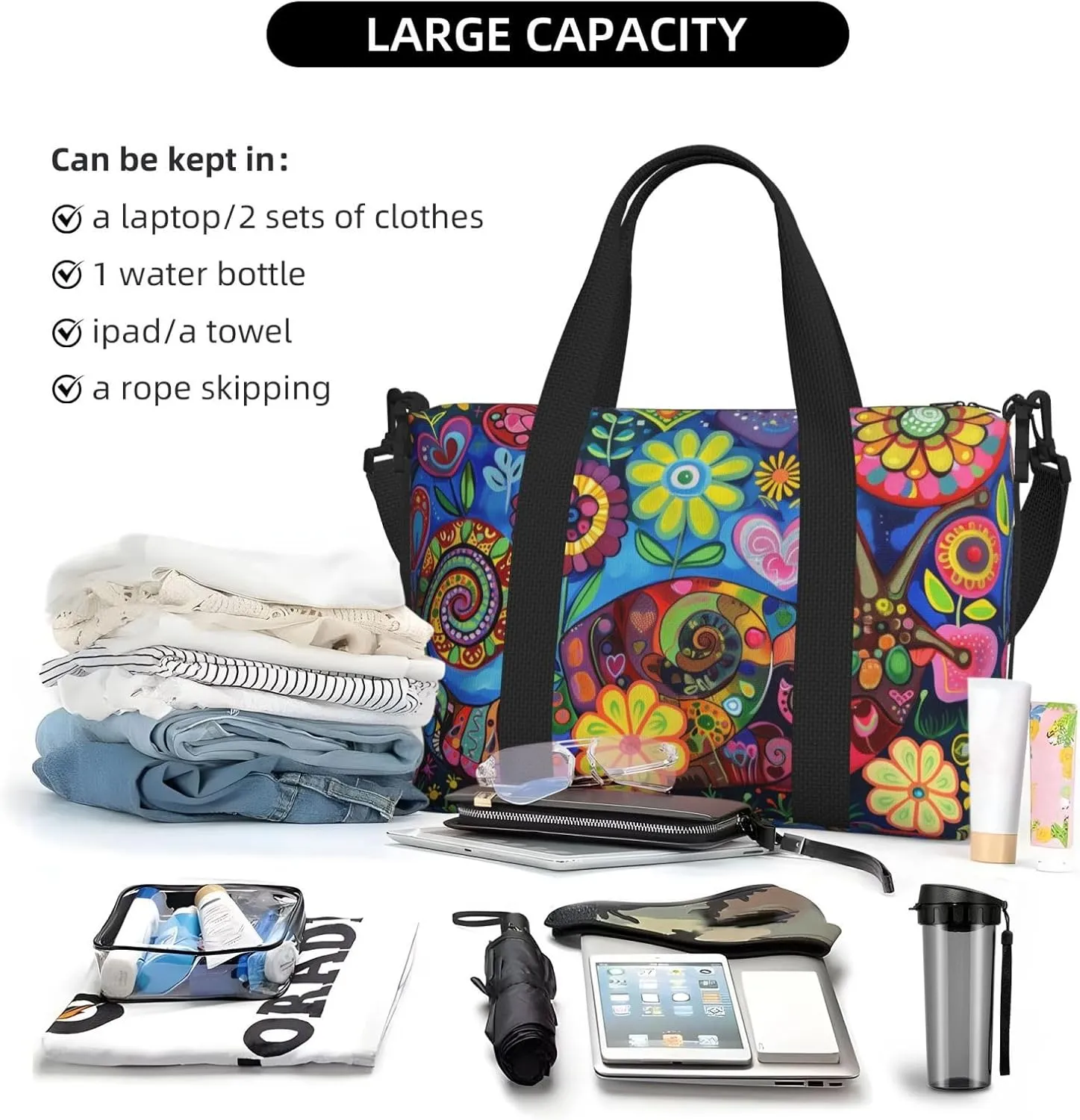 Snail colorful flowers print Travel Duffel Bag, Sports Tote Gym Bag, Swim Pool Bag Large Shoulder Tote Bag for Beach Weekender