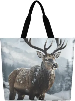 Snow Elk Tote Bag Large Women Casual Shoulder Bag Reusable Grocery Bag Fasion Handbag for Office Shopping Travel