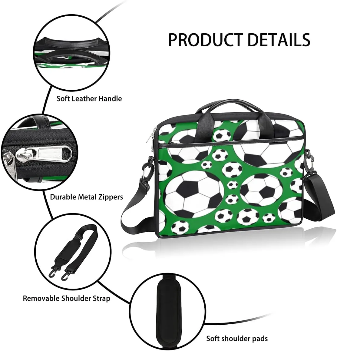 Soccer Ball Laptop Shoulder Messenger Bag Waterproof Laptop Briefcase with Handle and Padded Strap Case Sleeve