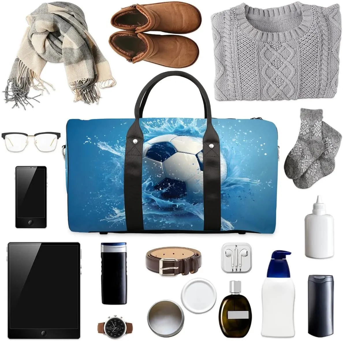 Soccer Ball Water Travel Duffel Bag for Women Men Football Waterproof Foldable Overnight Weekender Bag Large Capacity Sports Gym Bag