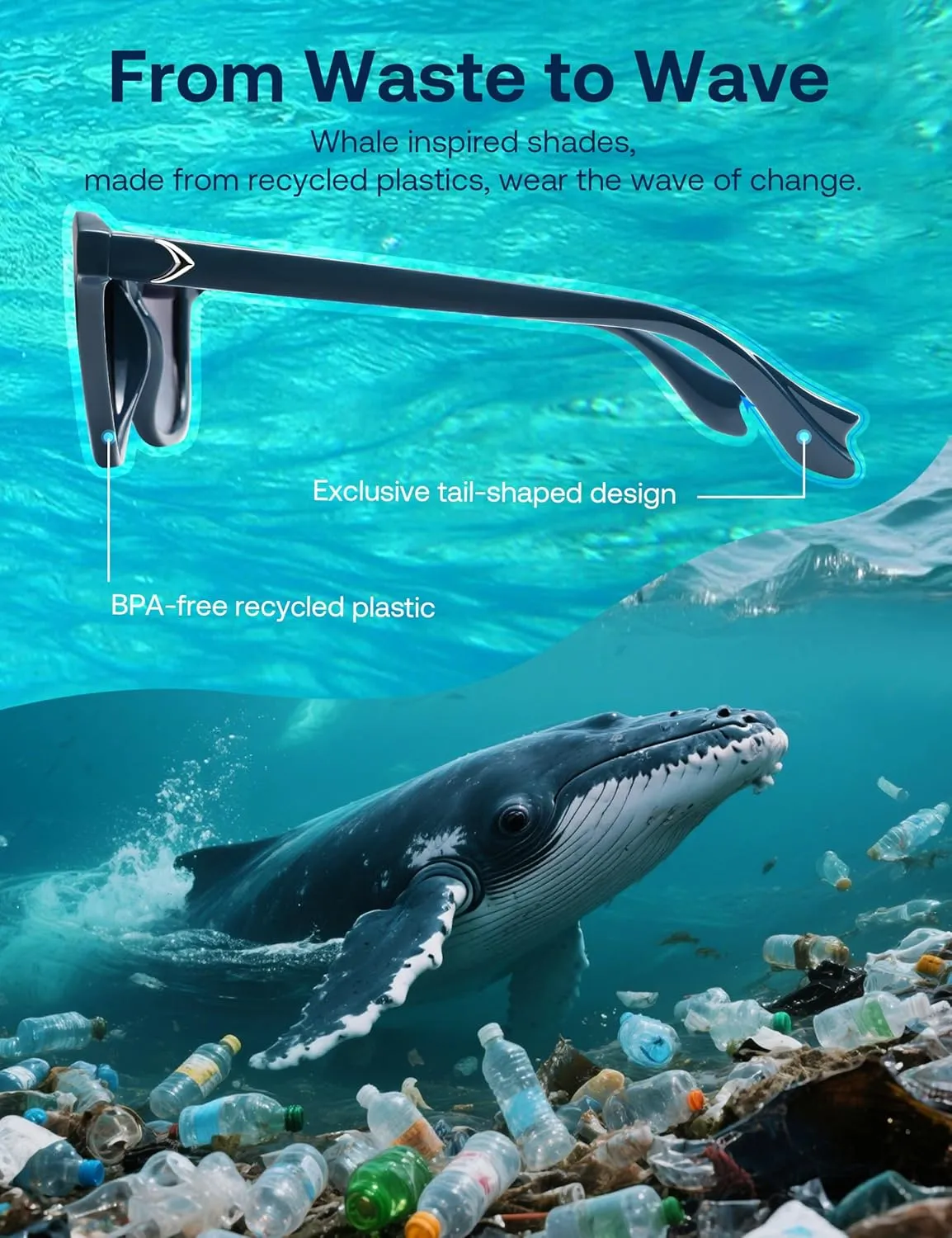 SOJOS Ocean Collection Retro Polarized Large Rectangular Sunglasses Women Men Recycled Plastic Eco-friendly Shades, Baleen